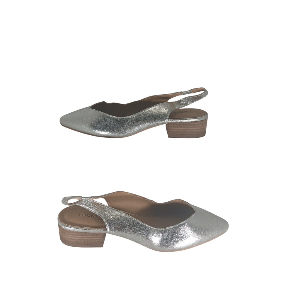 Lucky Brand Slingback Flats 6M Silver Metallic Pointed Toe Block Heel Glam Chic